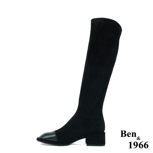 Ben&1966高級羊猄彈力絨布拼接牛皮俏皮長靴-黑(227081)