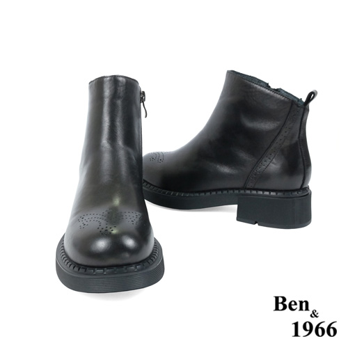 Ben&1966高級頭層牛皮沖孔中性踝靴-黑(227141)