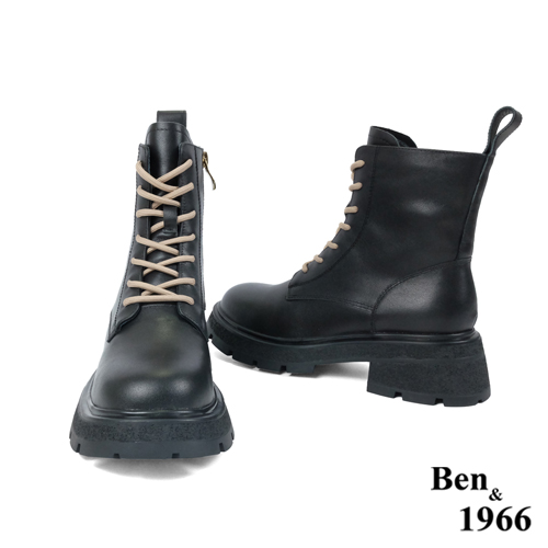 Ben&1966高級頭層牛皮撞色個性短靴-黑(227191)