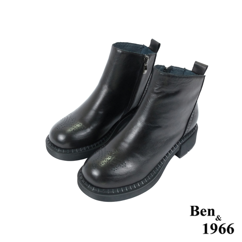 Ben&1966高級頭層牛皮沖孔中性踝靴-黑(227141)