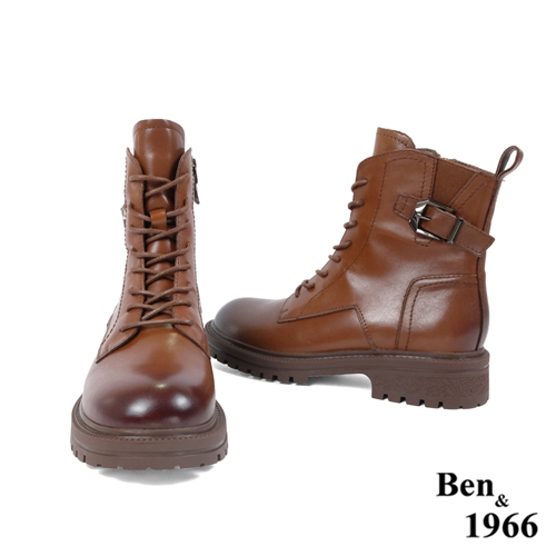 Ben&1966高級打蠟牛皮復古仿舊短靴-咖啡