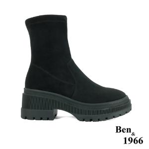 Ben&1966高級羊猄彈力絨布流行厚底短靴-黑(247071)