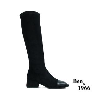 Ben&1966高級羊猄彈力絨布拼接牛皮俏皮長靴-黑(227081)
