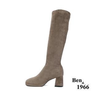 Ben&1966高級彈力羊絨布增高防水台長靴-淺咖
