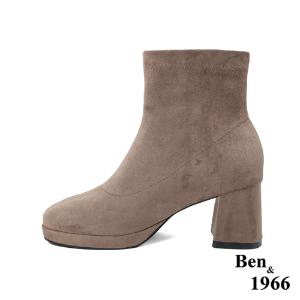 Ben&1966高級彈力羊猄絨時尚方頭短靴-淺咖(227022)