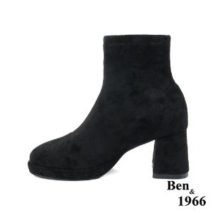 Ben&1966高級彈力羊猄絨時尚方頭短靴-黑(227021)