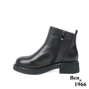 Ben&1966高級頭層牛皮沖孔中性踝靴-黑(227141)