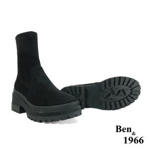Ben&1966高級羊猄彈力絨布流行厚底短靴-黑(247071)
