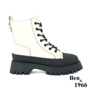 Ben&1966高級頭層牛皮厚底流行百搭短靴-米白(227122)