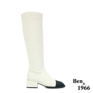 Ben&1966高級羊猄彈力絨布拼接牛皮俏皮長靴-米白(227082)