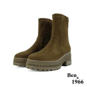 Ben&1966高級羊猄彈力絨布流行厚底短靴-橄欖綠(247072)