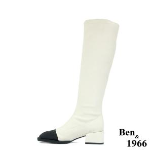 Ben&1966高級羊猄彈力絨布拼接牛皮俏皮長靴-米白(227082)