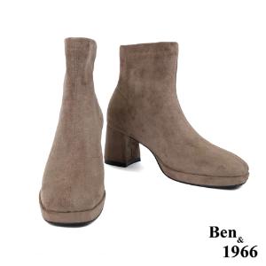 Ben&1966高級彈力羊猄絨時尚方頭短靴-淺咖(227022)