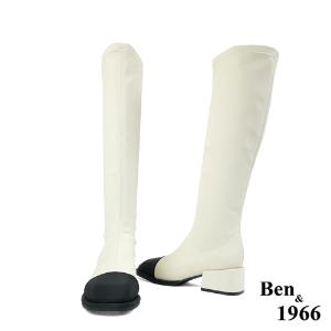 Ben&1966高級羊猄彈力絨布拼接牛皮俏皮長靴-米白(227082)
