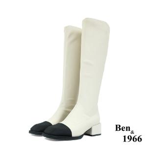 Ben&1966高級羊猄彈力絨布拼接牛皮俏皮長靴-米白(227082)