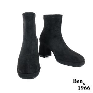 Ben&1966高級彈力羊猄絨時尚方頭短靴-黑(227021)