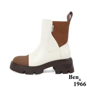 Ben&1966高級頭層絲綢牛皮拼接撞色短靴-咖啡(227232)