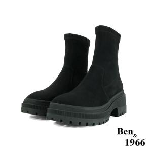 Ben&1966高級羊猄彈力絨布流行厚底短靴-黑(247071)