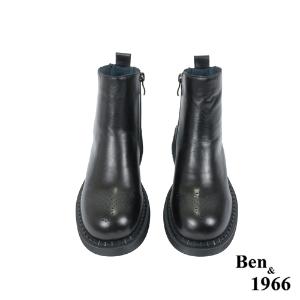 Ben&1966高級頭層牛皮沖孔中性踝靴-黑(227141)