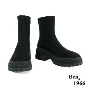 Ben&1966高級羊猄彈力絨布流行厚底短靴-黑(247071)