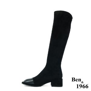 Ben&1966高級羊猄彈力絨布拼接牛皮俏皮長靴-黑(227081)