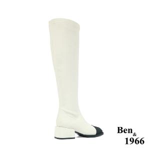 Ben&1966高級羊猄彈力絨布拼接牛皮俏皮長靴-米白(227082)