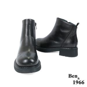 Ben&1966高級頭層牛皮沖孔中性踝靴-黑(227141)