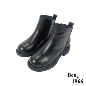 Ben&1966高級頭層牛皮沖孔中性踝靴-黑(227141)