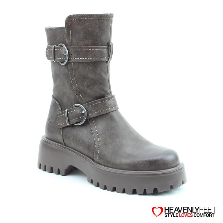HEAVENLYFEET｜英國舒適休閒女鞋 個性雙扣中筒靴-Tatianna(石灰咖)