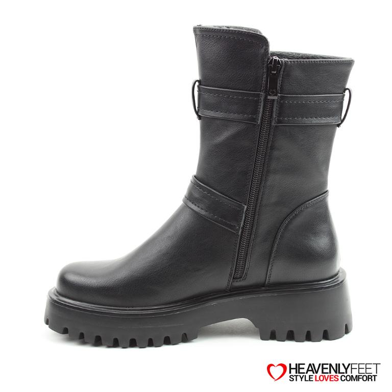 HEAVENLYFEET｜英國舒適休閒女鞋 個性雙扣中筒靴-Tatianna(黑色)