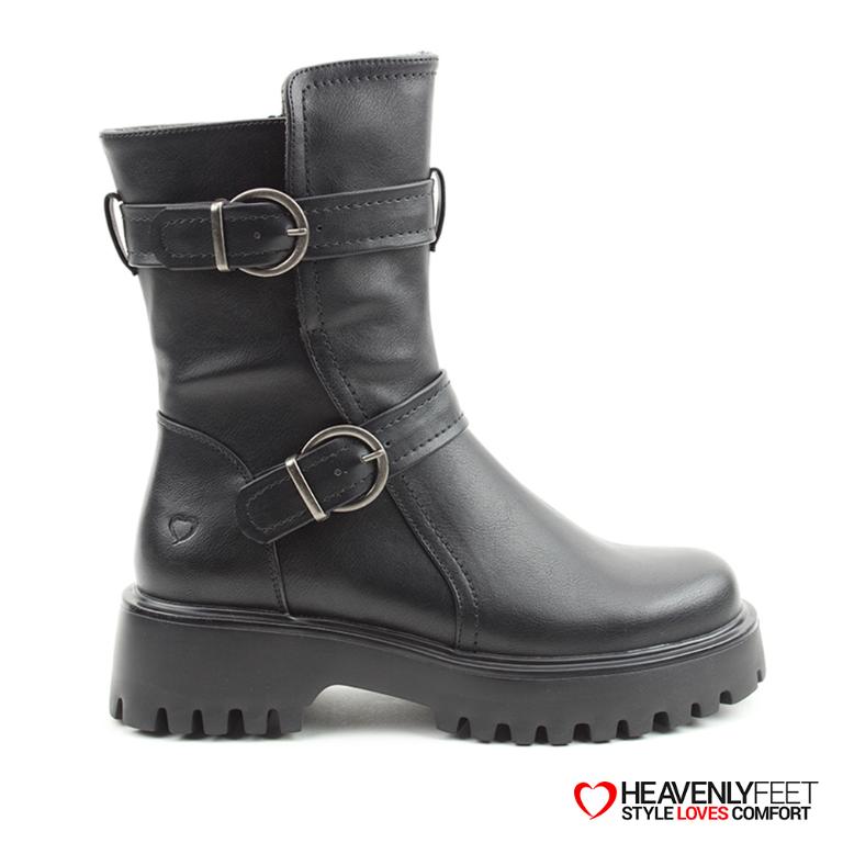 HEAVENLYFEET｜英國舒適休閒女鞋 個性雙扣中筒靴-Tatianna(黑色)