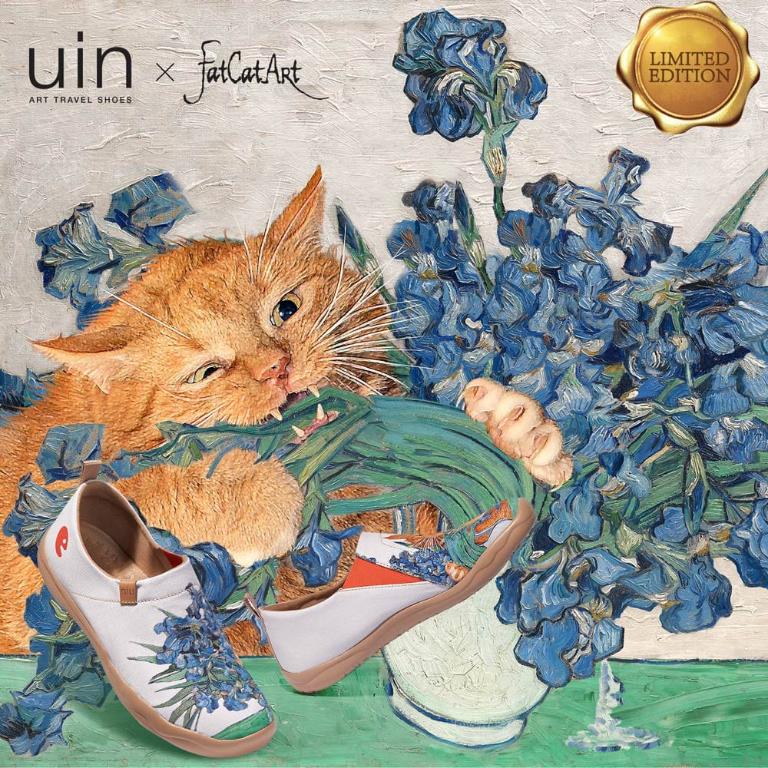 uin│西班牙原創設計 女鞋 帆布鞋 懶人鞋 鳶尾花與貓彩繪休閒鞋W1010925