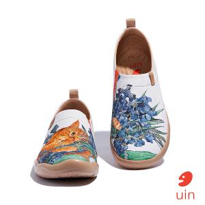 uin│西班牙原創設計 女鞋 帆布鞋 懶人鞋 鳶尾花與貓彩繪休閒鞋W1010925