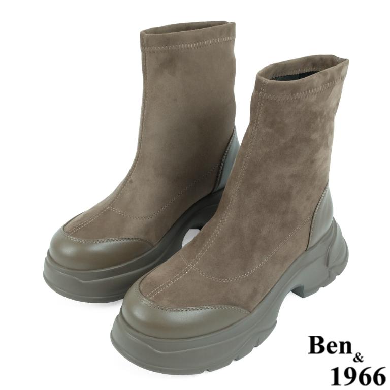 Ben&1966高級彈力布拼接牛皮運動風休閒短靴-卡其(237082)
