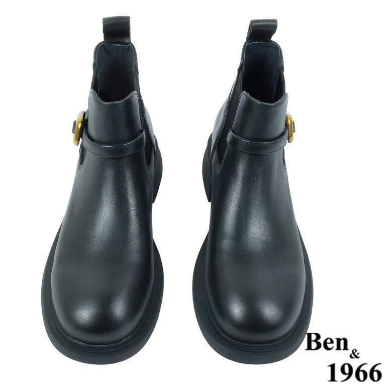 Ben&1966高級頭層牛皮側金屬方釦踝靴-黑(237051)