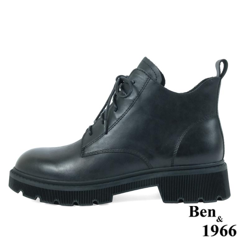 Ben&1966高級頭層牛皮中性綁帶踝靴-黑(237021)