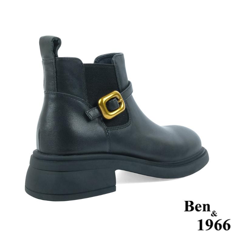 Ben&1966高級頭層牛皮側金屬方釦踝靴-黑(237051)