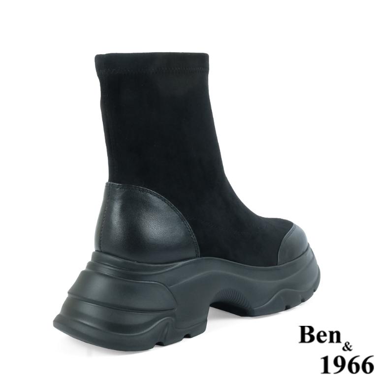 Ben&1966高級彈力布拼接牛皮運動風休閒短靴-黑(237081)