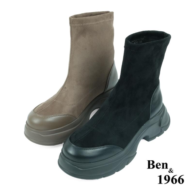 Ben&1966高級彈力布拼接牛皮運動風休閒短靴-卡其(237082)