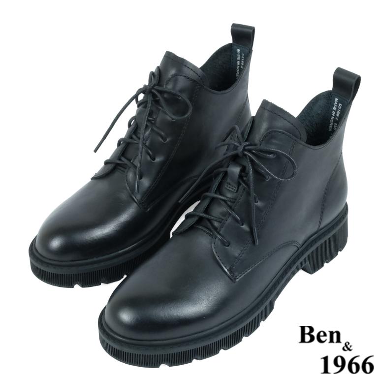 Ben&1966高級頭層牛皮中性綁帶踝靴-黑(237021)