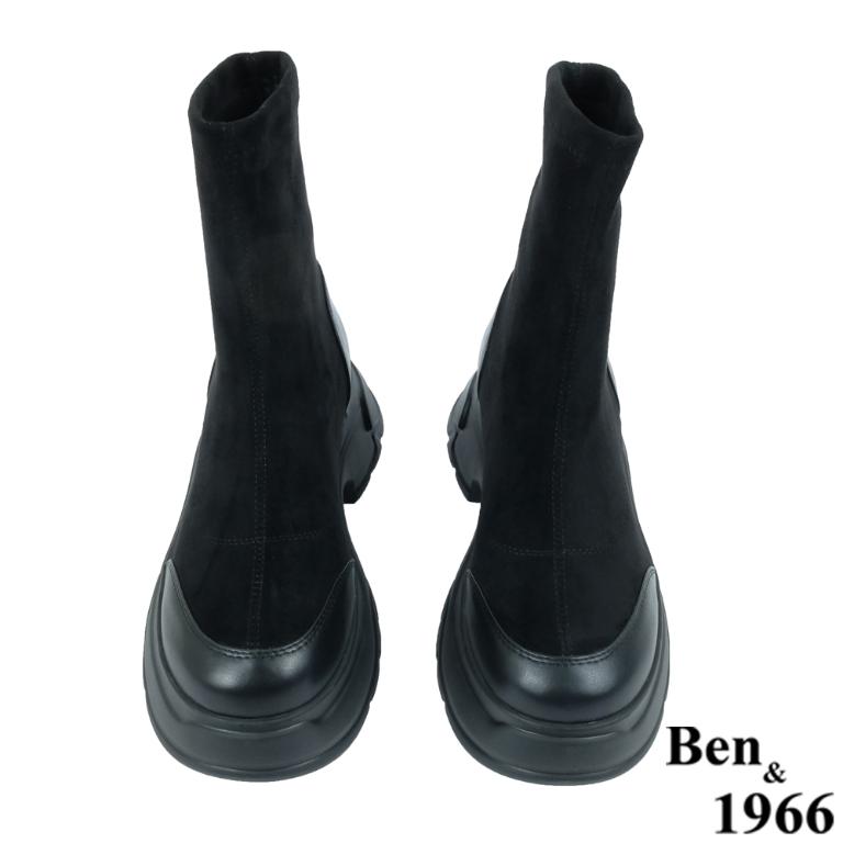 Ben&1966高級彈力布拼接牛皮運動風休閒短靴-黑(237081)