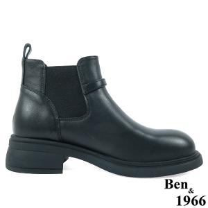Ben&1966高級頭層牛皮側金屬方釦踝靴-黑(237051)