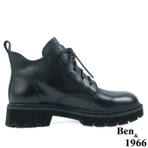 Ben&1966高級頭層牛皮中性綁帶踝靴-黑(237021)