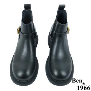 Ben&1966高級頭層牛皮側金屬方釦踝靴-黑(237051)