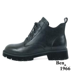 Ben&1966高級頭層牛皮中性綁帶踝靴-黑(237021)