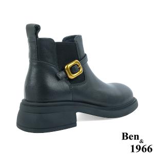 Ben&1966高級頭層牛皮側金屬方釦踝靴-黑(237051)