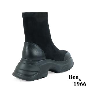 Ben&1966高級彈力布拼接牛皮運動風休閒短靴-黑(237081)