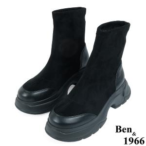 Ben&1966高級彈力布拼接牛皮運動風休閒短靴-黑(237081)