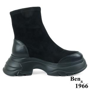 Ben&1966高級彈力布拼接牛皮運動風休閒短靴-黑(237081)