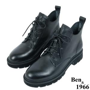 Ben&1966高級頭層牛皮中性綁帶踝靴-黑(237021)